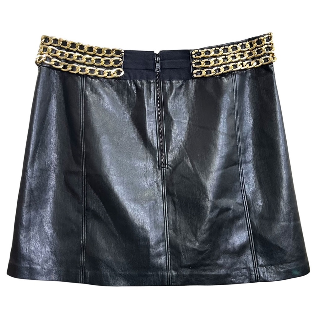 Alice + Olivia Rizo Black Vegan Leather Gold Chain Mini Skirt Size 6 - Picture 3 of 6